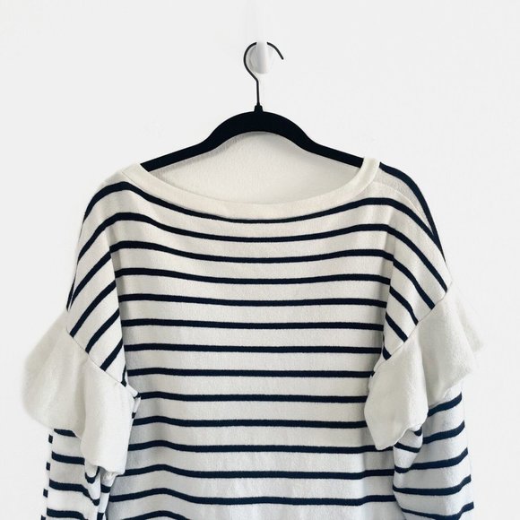 Zara Ruffle Sweater Sz Small Blue White Stripe Long Sleeve Knit Pullover Stretch - Picture 6 of 11